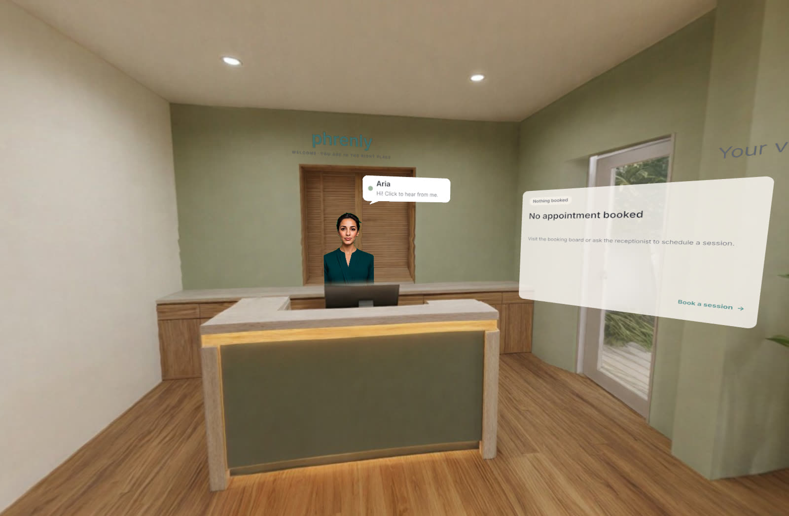 The Phrenly VR waiting room, with Aria at the reception desk